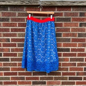 LuLaRoe Blue and Red Floral Lace Red Band Midi Skirt